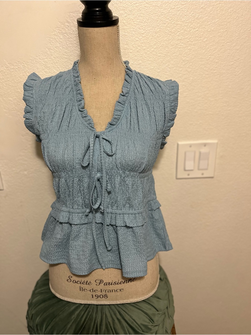 Time and Tru Light Blue Ruffle Tie-Front Peplum Blouse